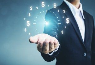 Businessman holding sign clock. Concept business time is money