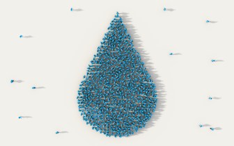 Large group of people forming blue water drop symbol in social media and community concept on white background. 3d sign of crowd illustration from above gathered together